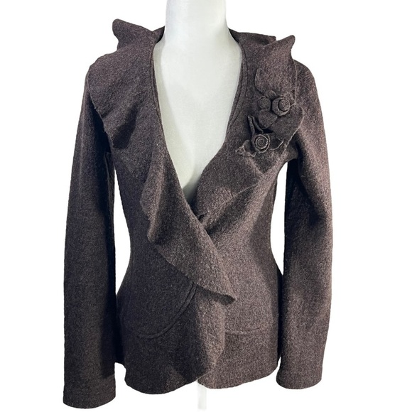 CYNTHIA ROWLEY 100% Wool Ruffle Cardigan W Rosette & Snap Closure Brown Sz Small - Picture 1 of 11